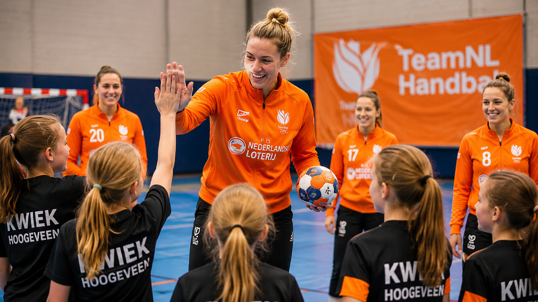 Team NL Handbal Dames geven clinic bij Kwiek Hoogeveen